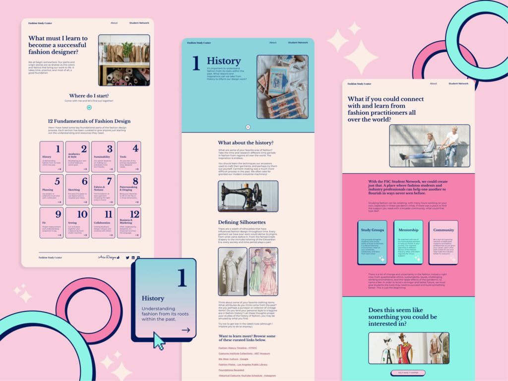 Dynamic display image of the main pages of the Fashion Study Center
